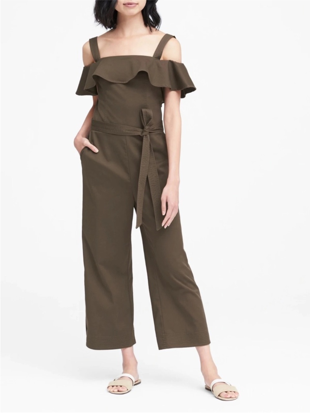 Banana Republic Off-Shoulder Wide-Leg Jumpsuit in Olive 6